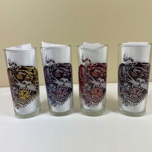 Set of 4 ED HARDY Tiger 3E Trading Collectible 12 Oz Drinking Glasses 6" Tall